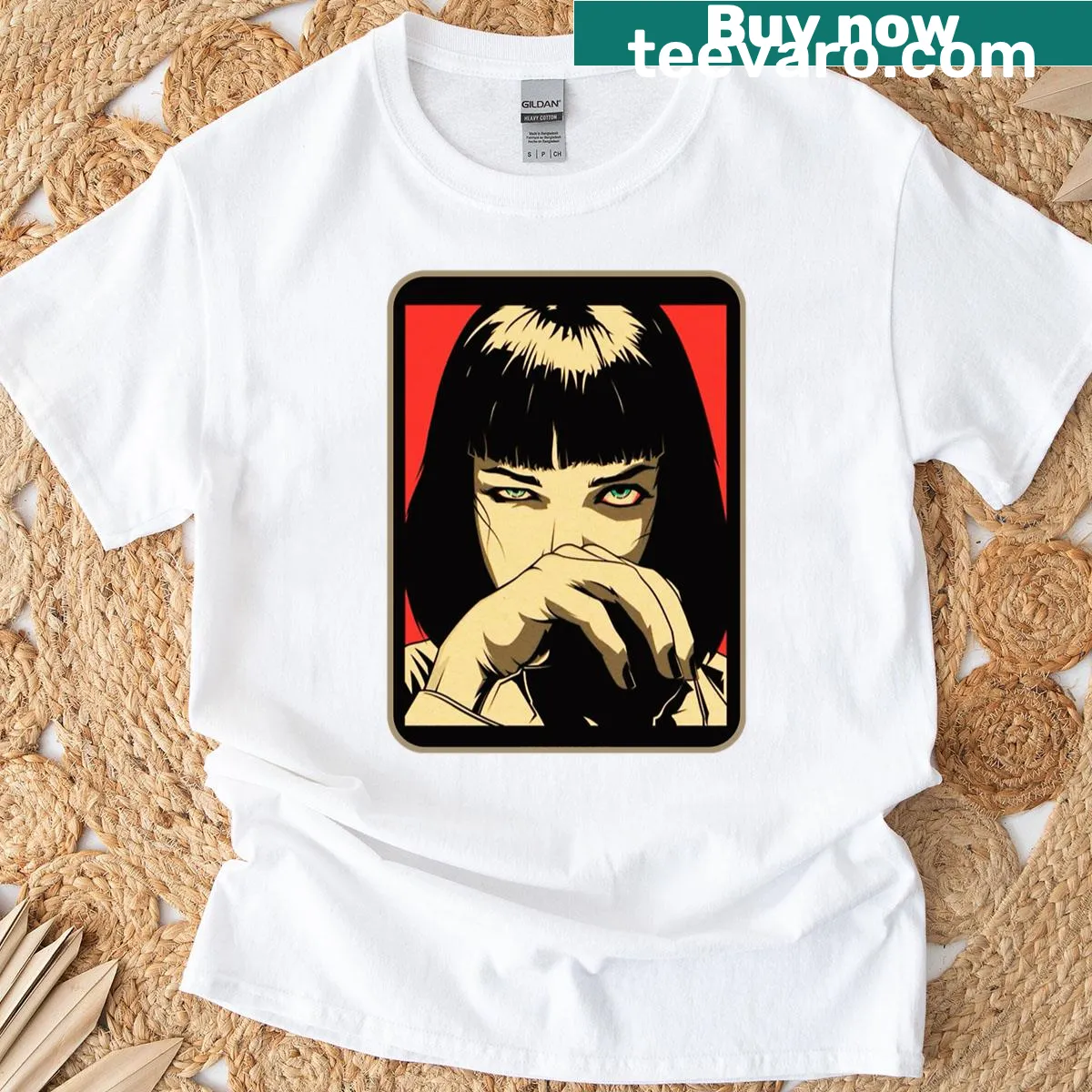 Mia Wallace T-shirt featuring an artistic representation from Pulp Fiction — on a men's t-shirt