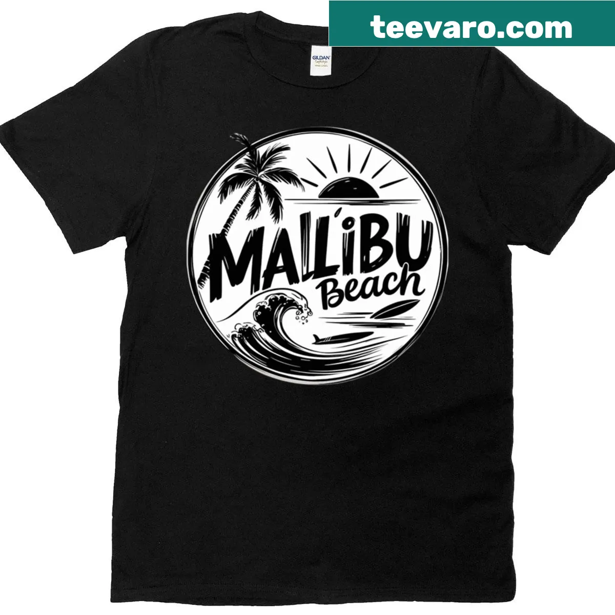 Minimalist Malibu Beach illustration on a t-shirt — on a men's t-shirt