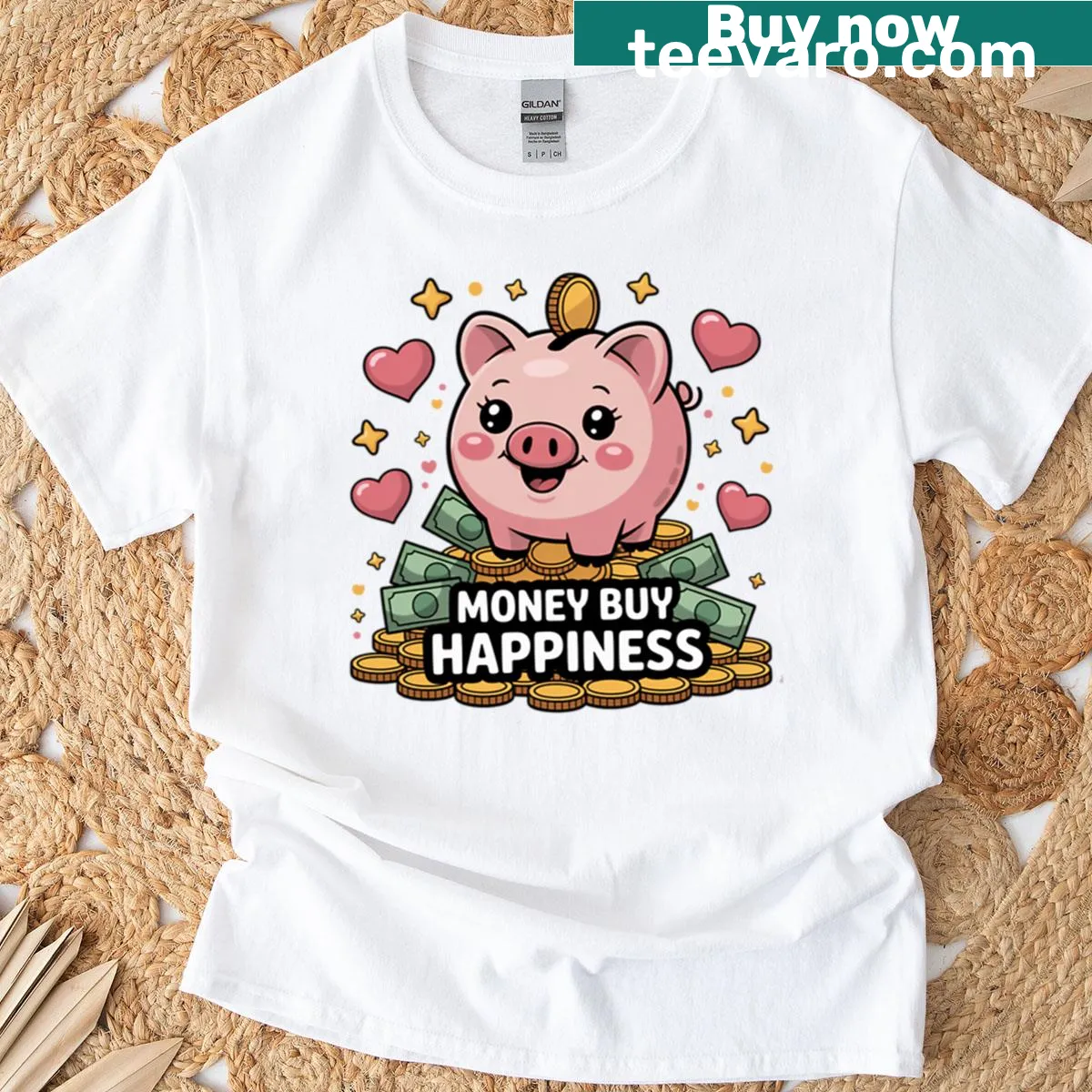 Playful typography saying 'Money Can't Buy Happiness' on an oversized t-shirt — on a men's t-shirt