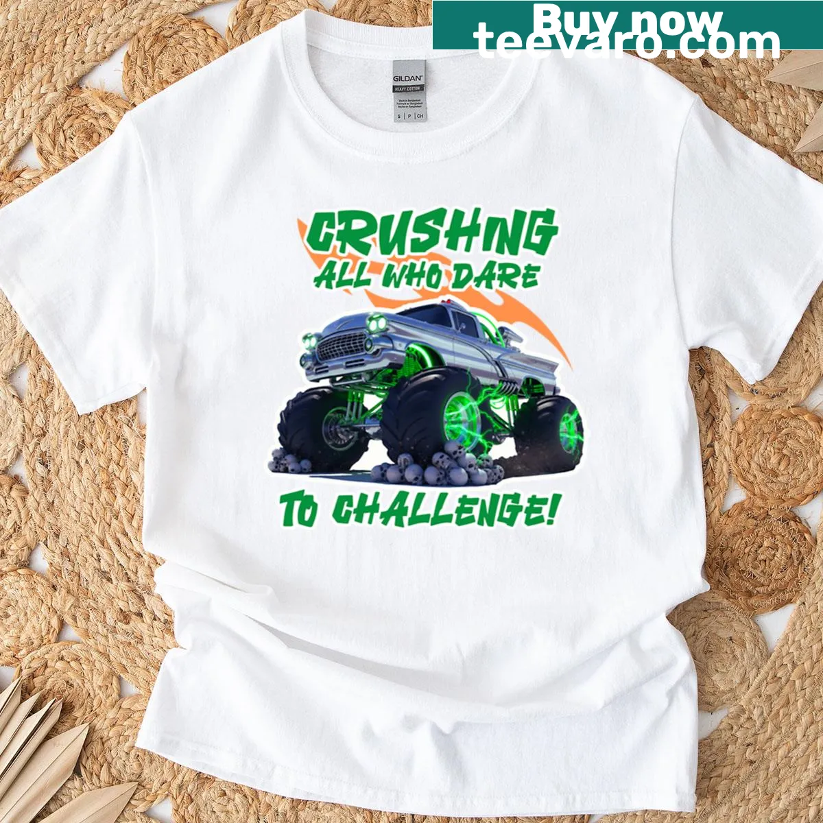 Monster truck graphic crushing skulls with neon glow on a t-shirt — on a men's t-shirt