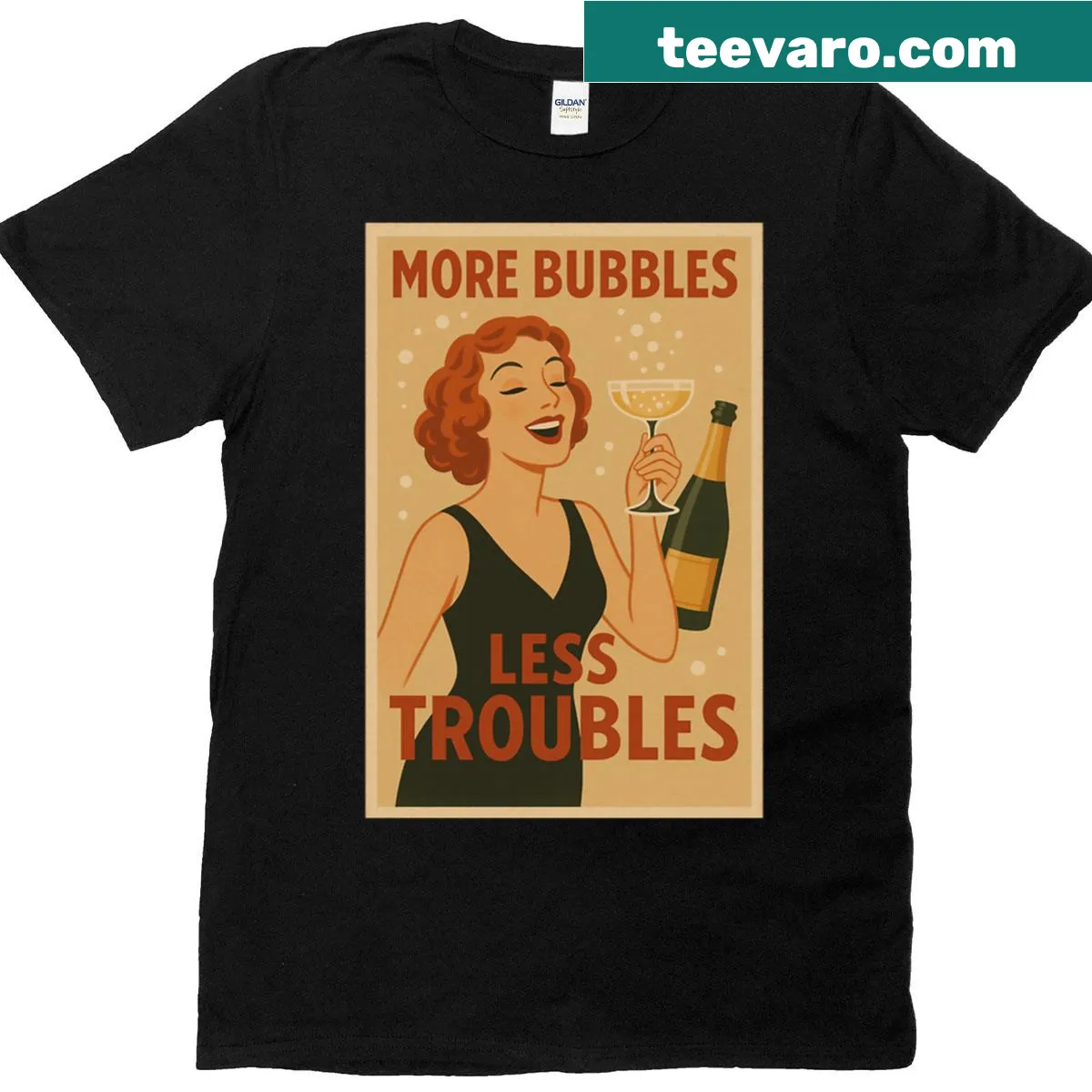 Oversized T-shirt with humorous saying 'More Bubbles Less Troubles' — on a men's t-shirt