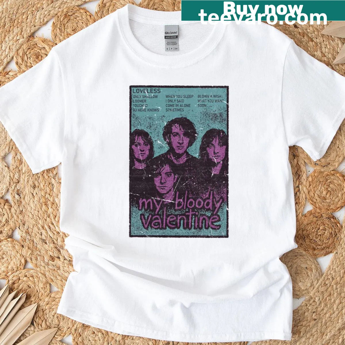 Vintage-style shirt featuring My Bloody Valentine Loveless album typography — on a men's t-shirt