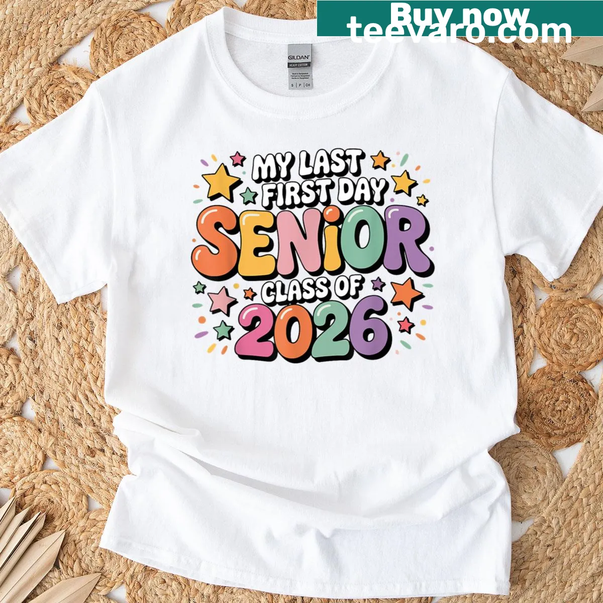 T-shirt announcing Last First Day of Senior Year 2026 — on a men's t-shirt