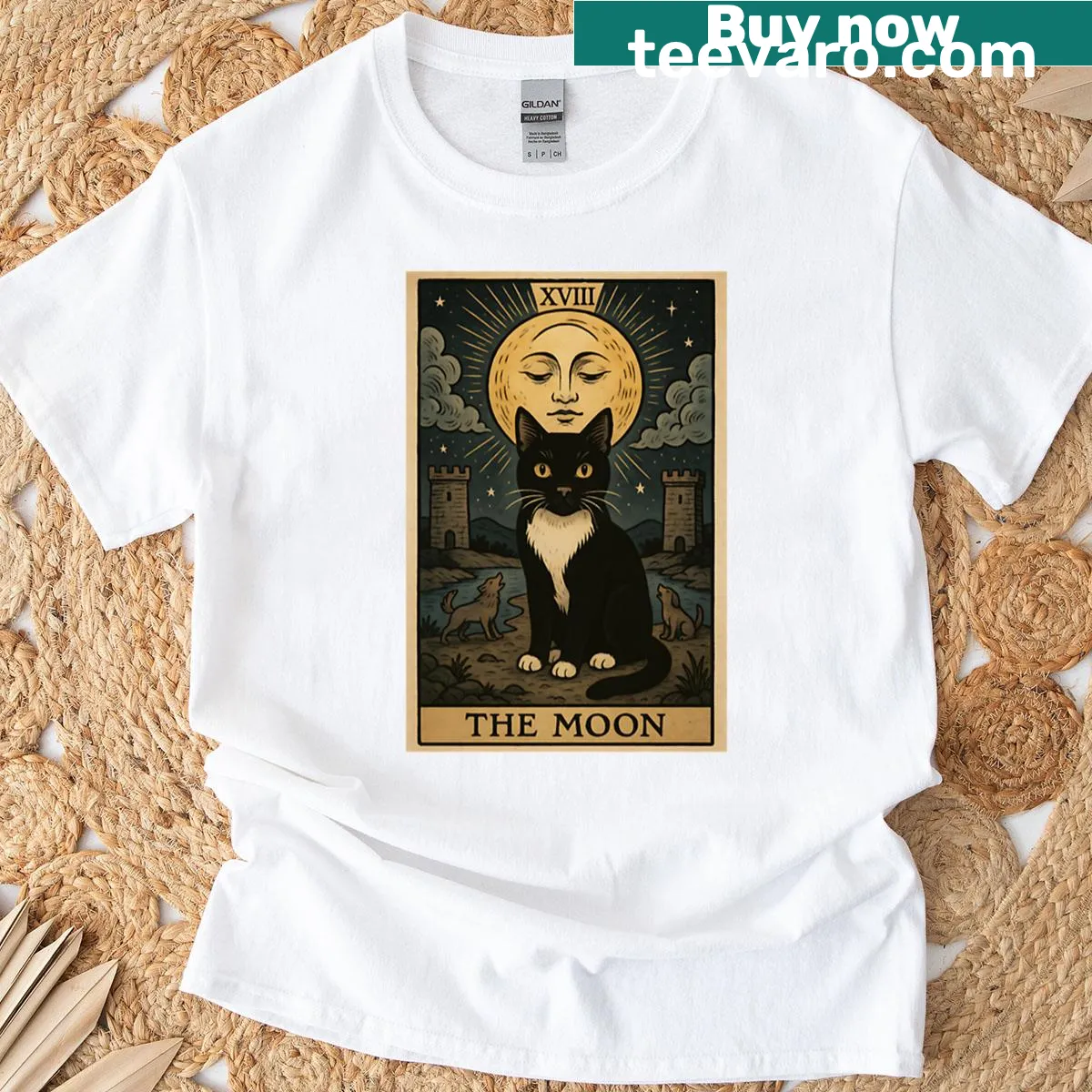 Vintage T-shirt featuring a tuxedo cat tarot card design inspired by The Moon — on a men's t-shirt
