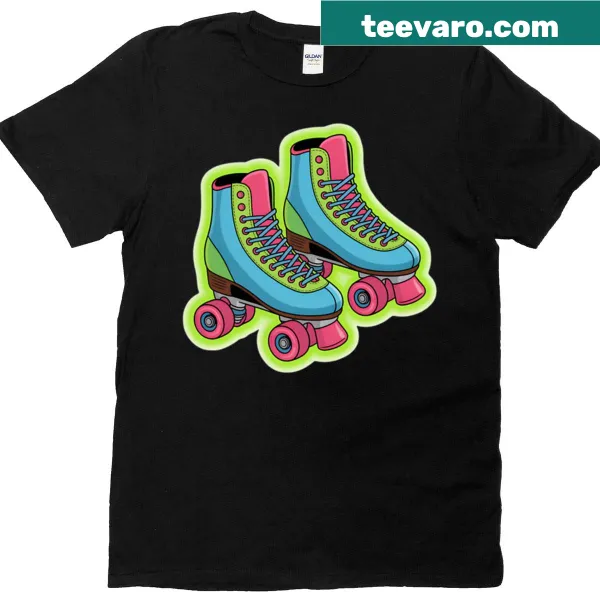 Cartoon graphic of neon roller skates on t-shirt