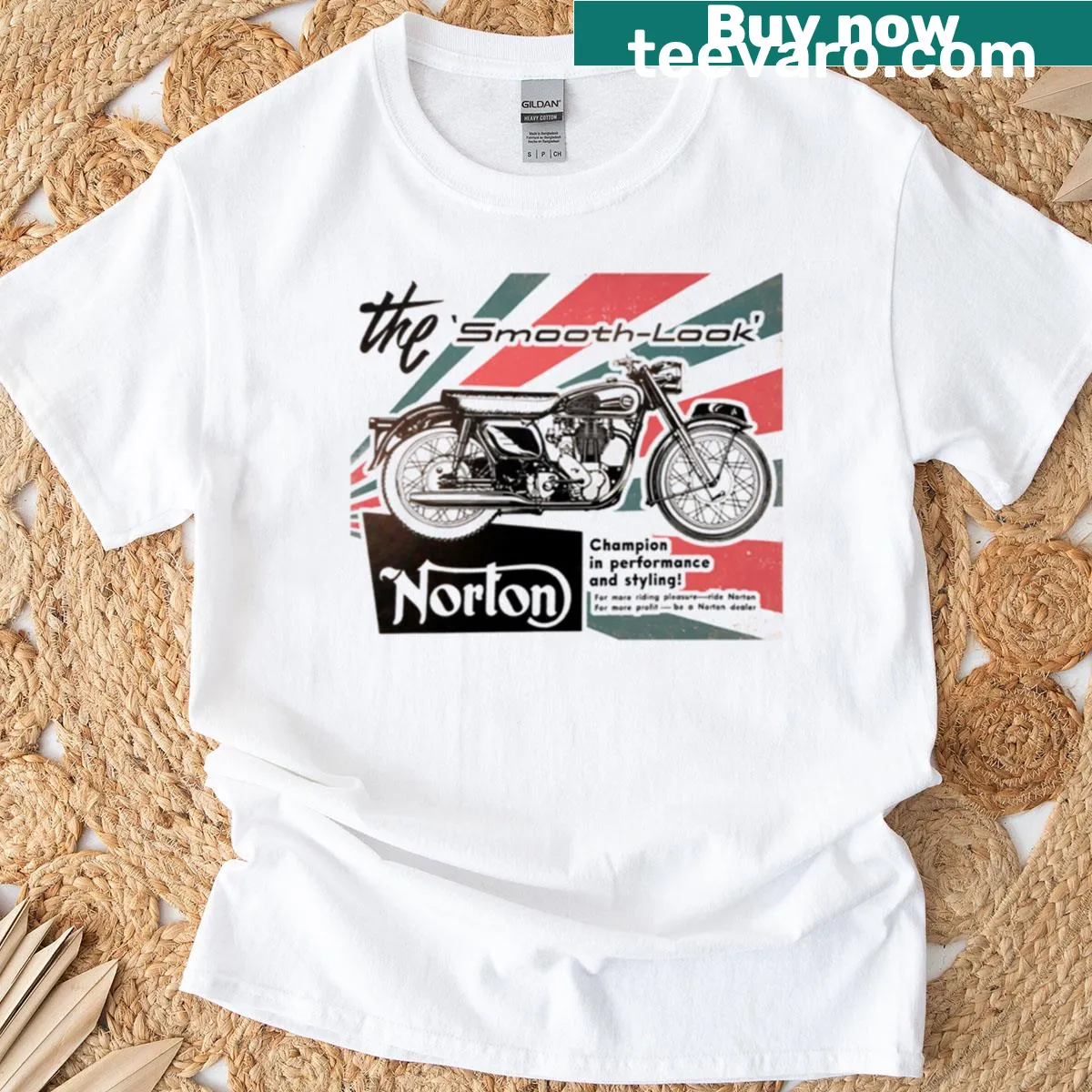 Vintage Norton motorcycle graphic T-shirt from 1968 — on a men's t-shirt