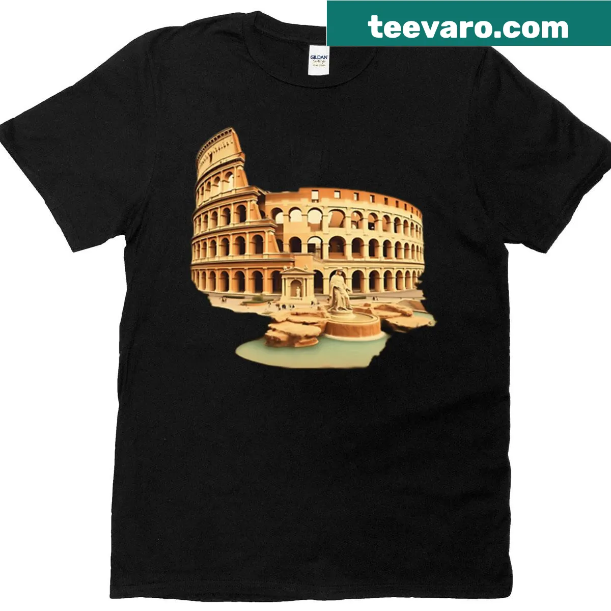 T-shirt featuring iconic Roman landmarks like the Colosseum and Trevi Fountain — on a men's t-shirt
