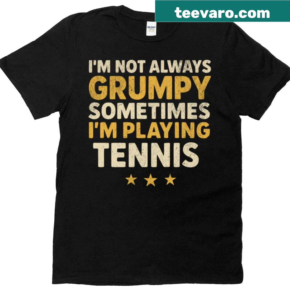 Humorous tennis-themed t-shirt with playful text about grumpiness — on a men's t-shirt