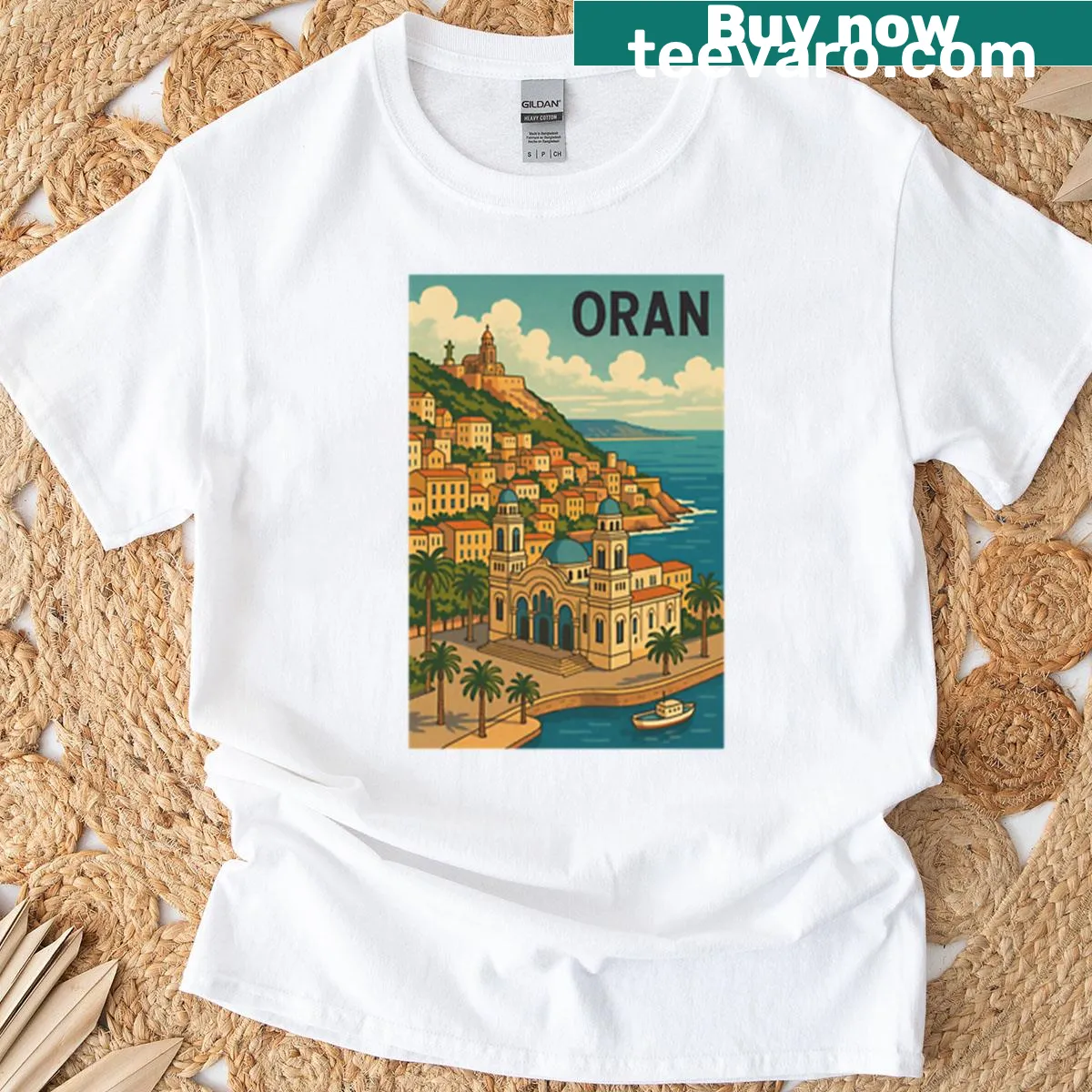 Retro illustration of Oran, Algeria on a T-shirt — on a men's t-shirt