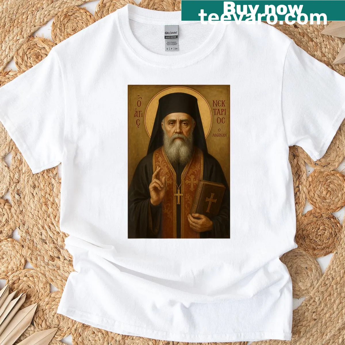 Illustrated icon of Saint Nektarios on T-shirt — on a men's t-shirt