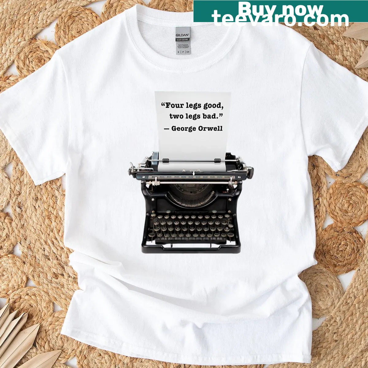Orwell quote displayed on a typewriter graphic t-shirt — on a men's t-shirt
