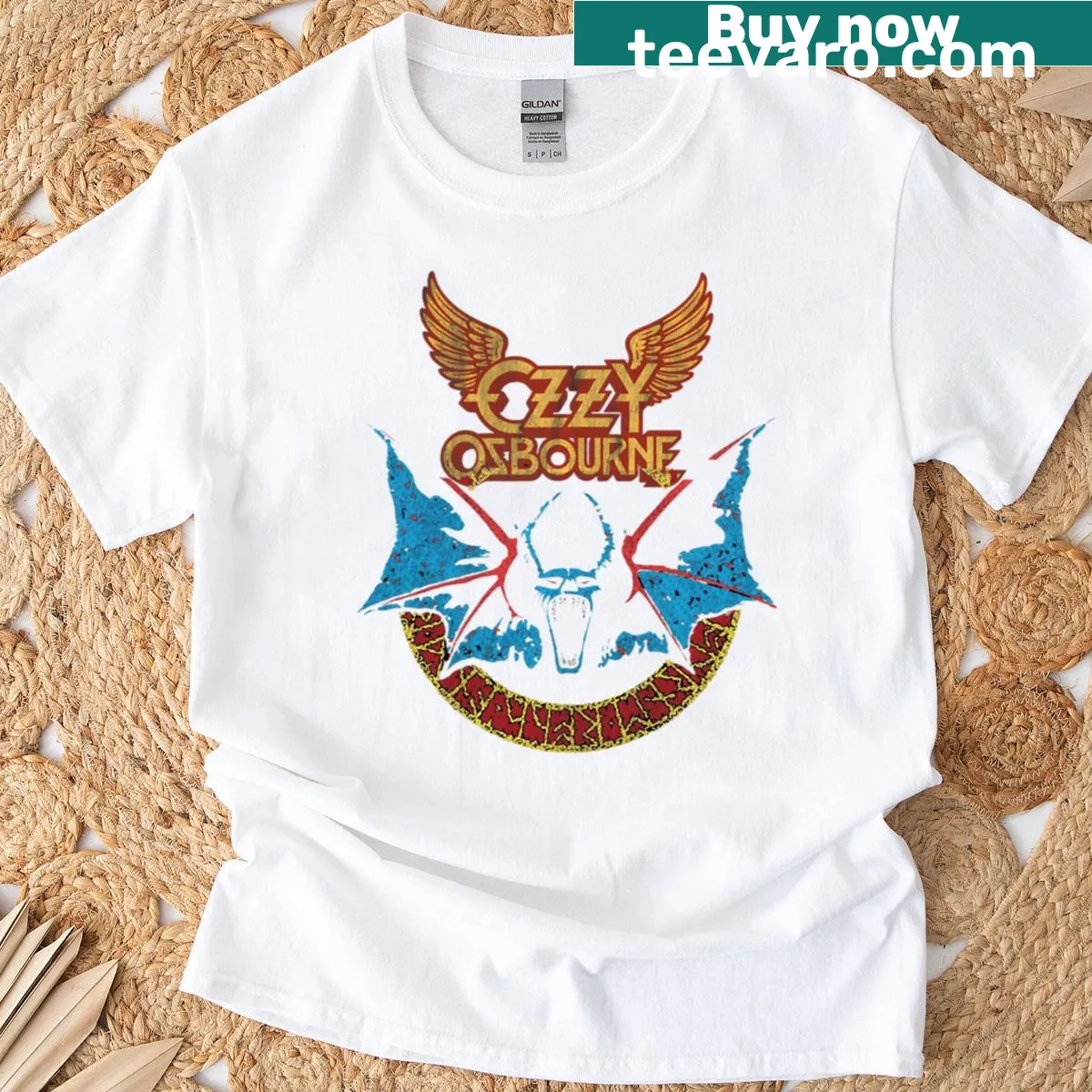 Vintage bat graphic T-shirt inspired by Ozzy with retro style — on a men's t-shirt