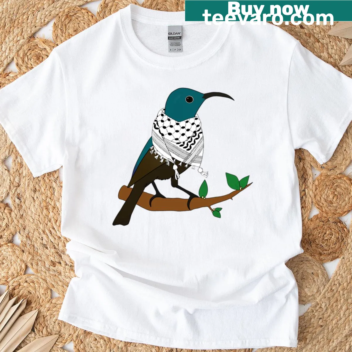 Illustration of a Palestine Sunbird wearing a keffiyeh on T-shirt — on a men's t-shirt
