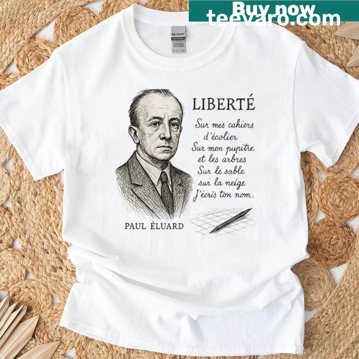 Stylish typography t-shirt featuring 'Libert' inspired by Paul Eluard — on a men's t-shirt