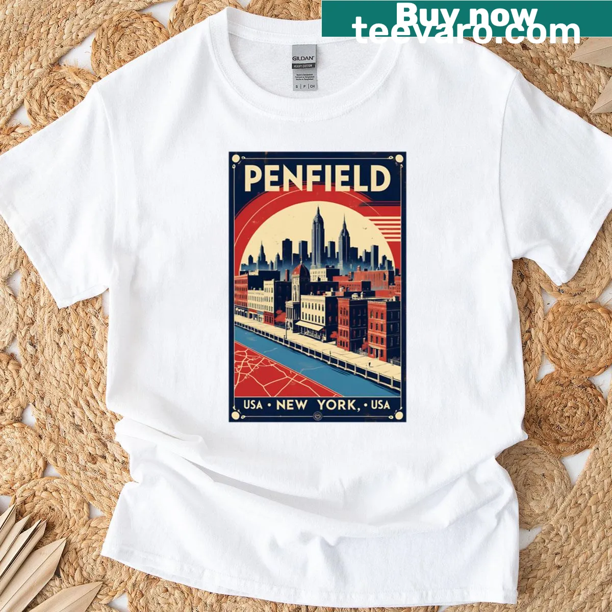 Vintage travel tourism design T-shirt inspired by Penfield, New York — on a men's t-shirt