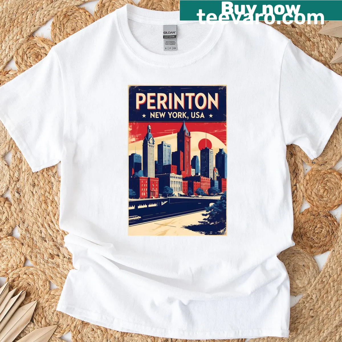 Vintage travel t-shirt featuring 1950s Perinton, New York — on a men's t-shirt
