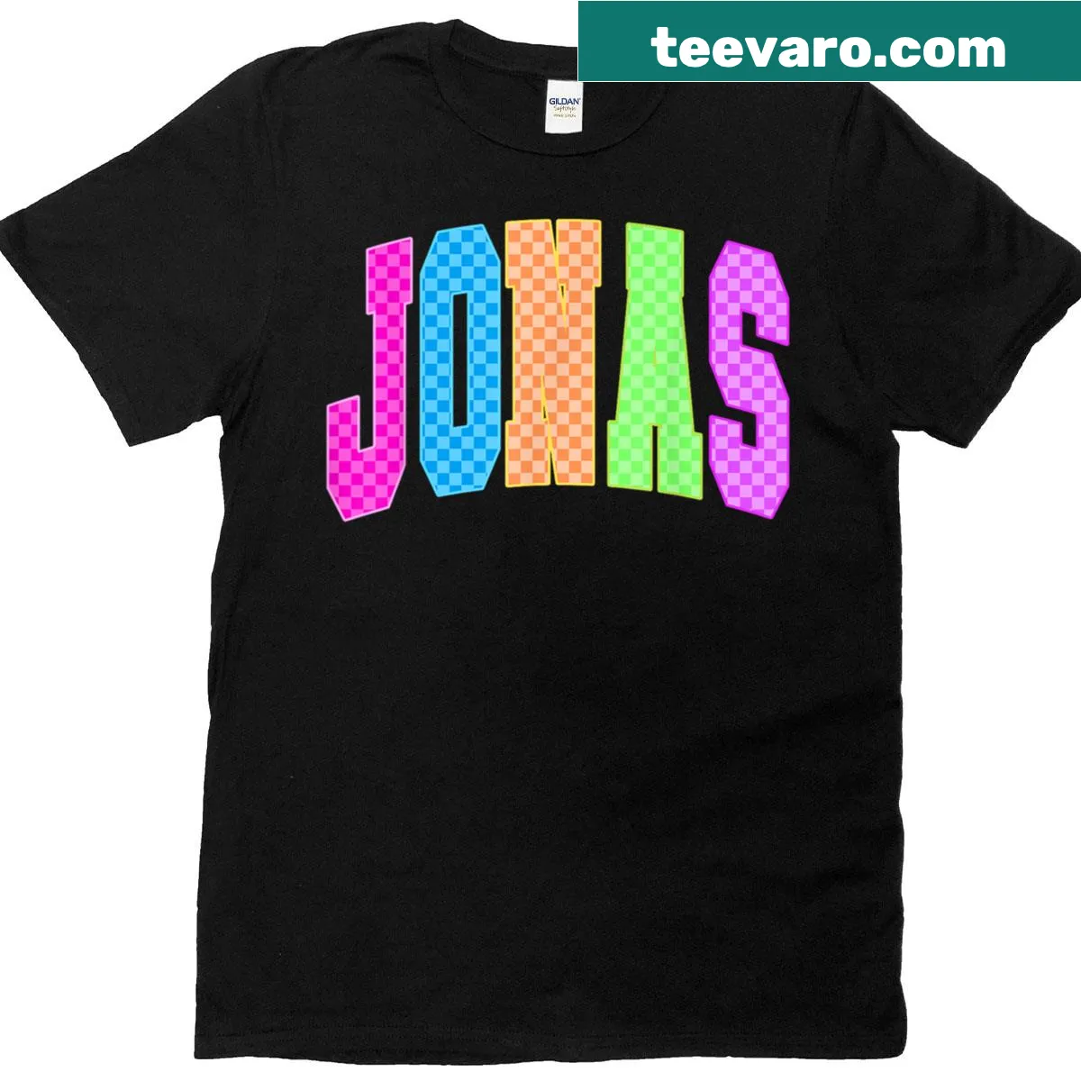 Checkered I Love Jonas T-shirt design — on a men's t-shirt