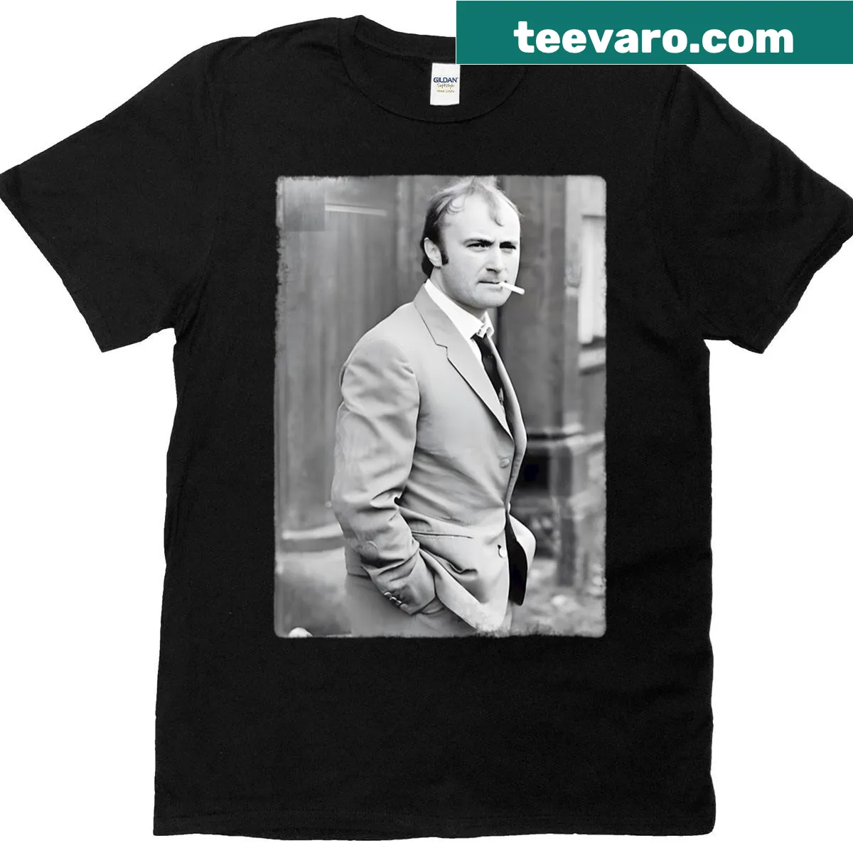 Black and white portrait of Phil Collins on a minimalist t-shirt — on a men's t-shirt