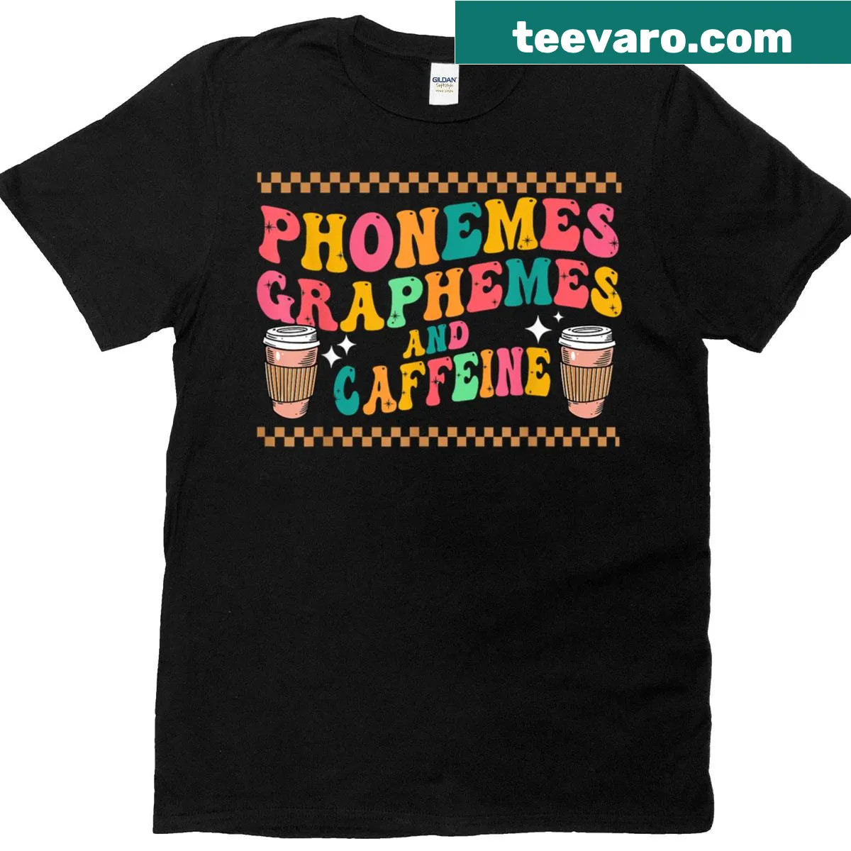 Reading teacher themed T-shirt with phonemes and caffeine — on a men's t-shirt