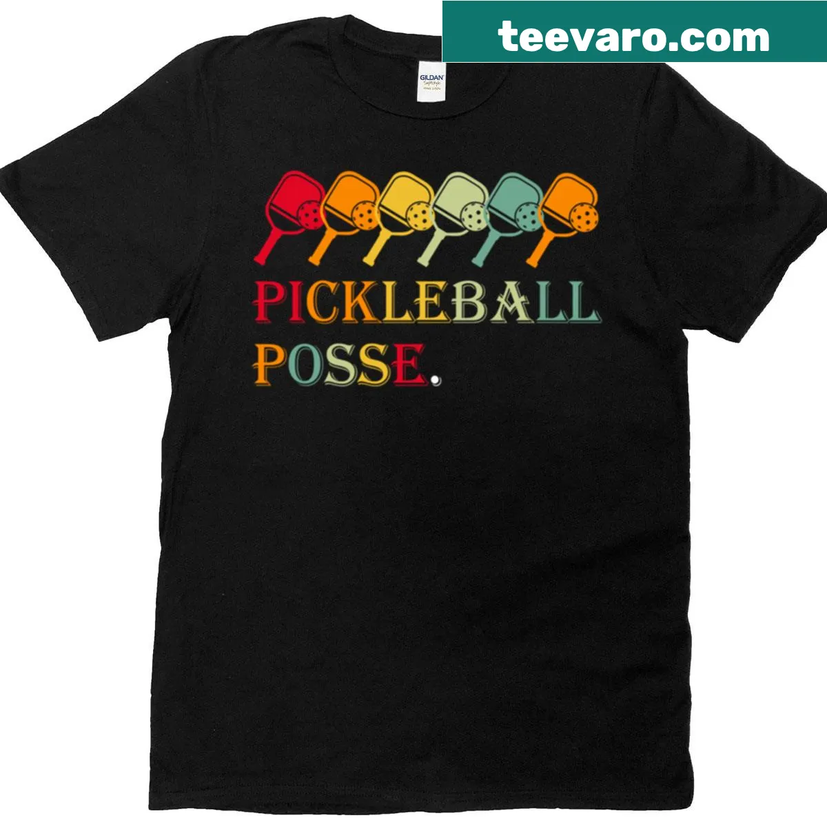 Cartoon design with 'Pickleball Posse' text on a funny t-shirt — on a men's t-shirt