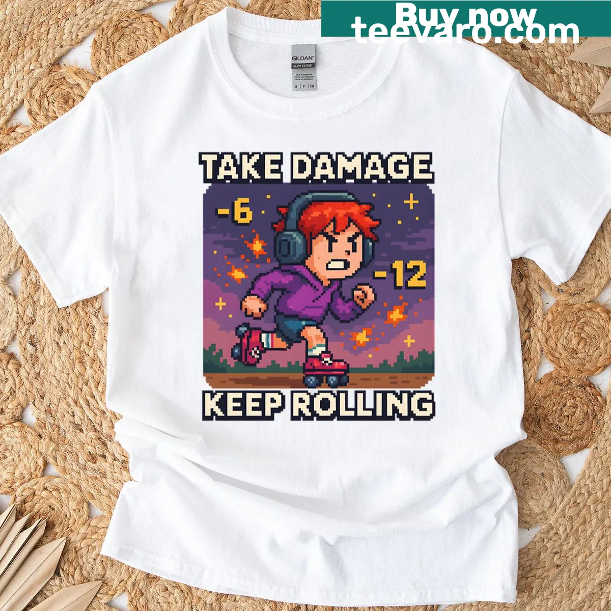 Pixel art warrior graphic with motivational text for gamers and skaters — on a men's t-shirt