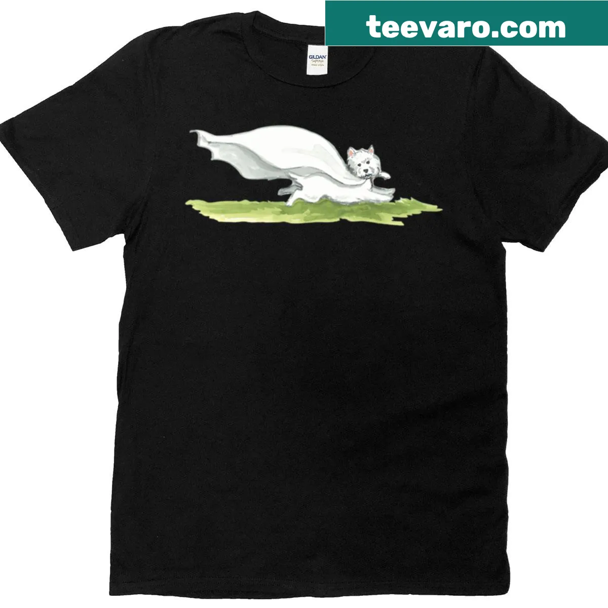 Vintage illustration of a puppy running with a blanket — on a men's t-shirt