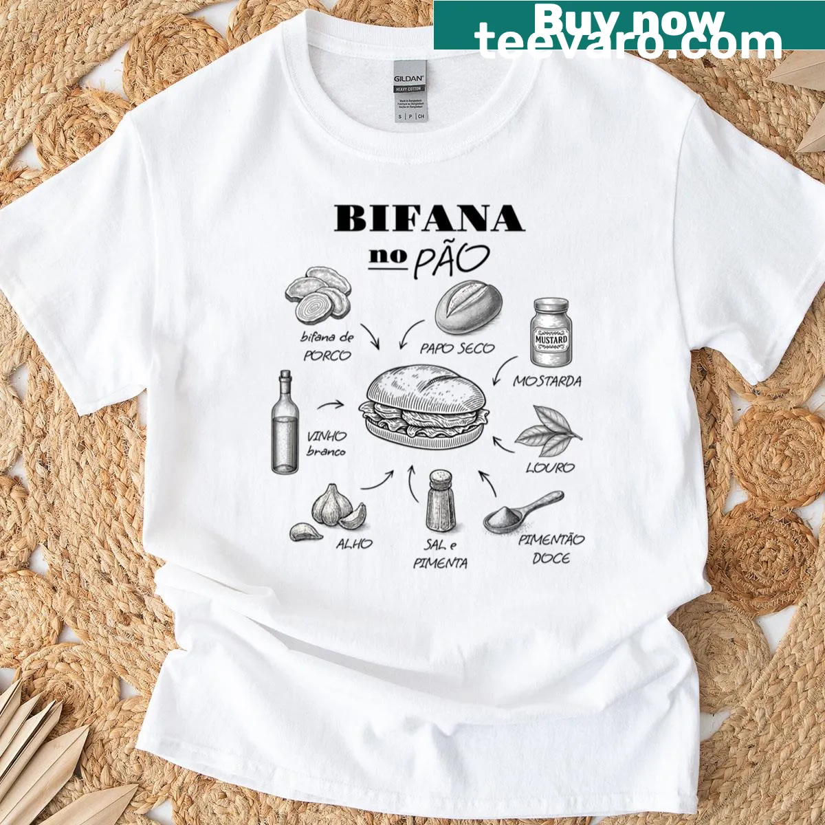 Vintage illustration t-shirt featuring a Portuguese bifana sandwich — on a men's t-shirt