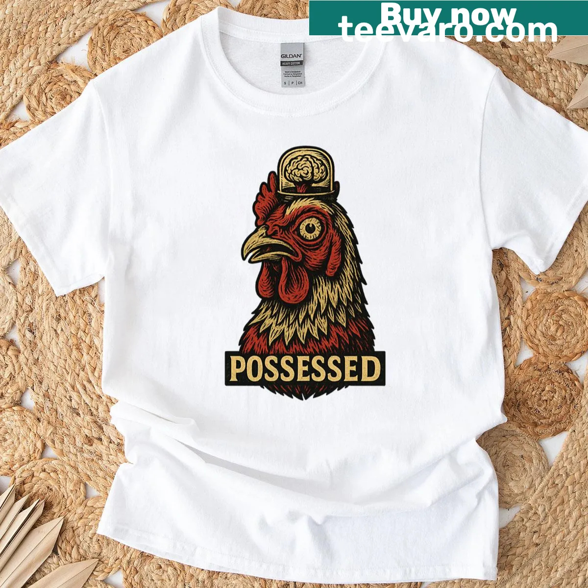 Retro horror t-shirt featuring a possessed chicken graphic. — on a men's t-shirt