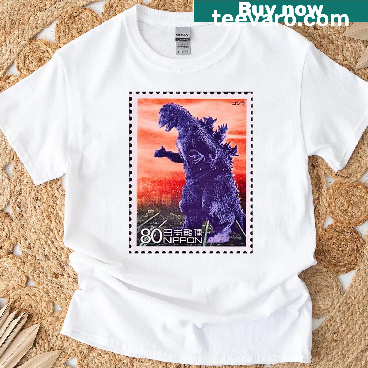 Postal stamp design featuring Gojira on a T-shirt — on a men's t-shirt