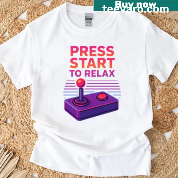 Retro gaming T-shirt with neon design saying 'Press Start To Relax'