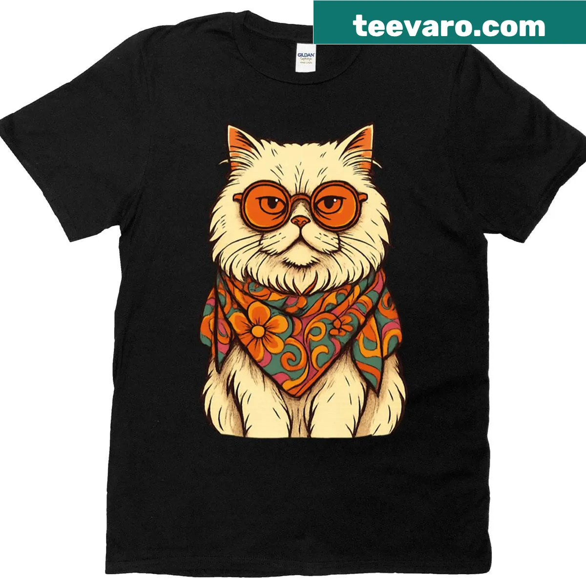 70s style t-shirt featuring a psychedelic illustration of a Persian cat — on a men's t-shirt