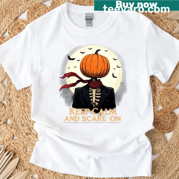 Vintage style t-shirt featuring a pumpkin skeleton graphic