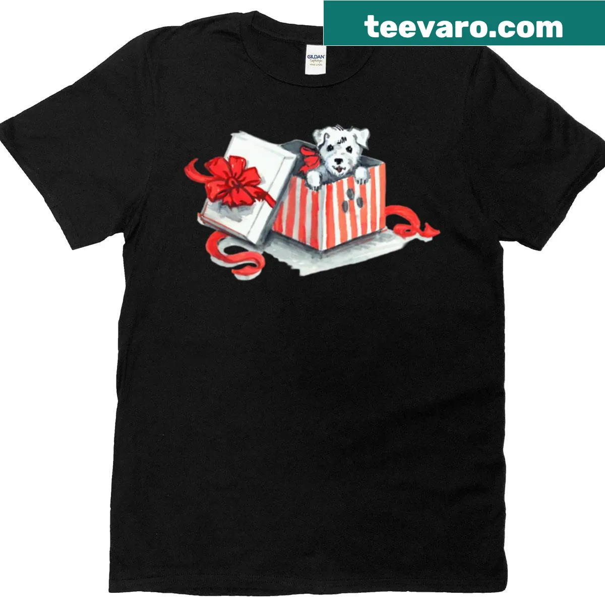 Vintage holiday illustration of a puppy in a gift box — on a men's t-shirt