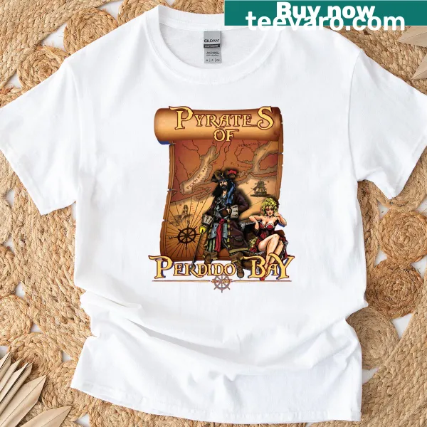 Illustration of a pirate and wench graphic on a tee