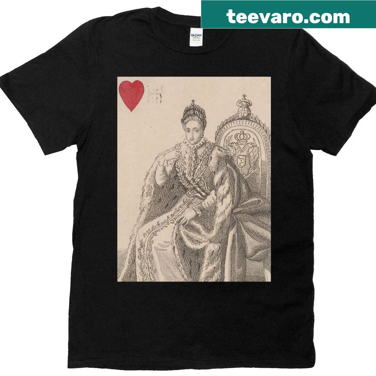 Playful graphic t-shirt featuring Queen Catherine II and a monkey — on a men's t-shirt