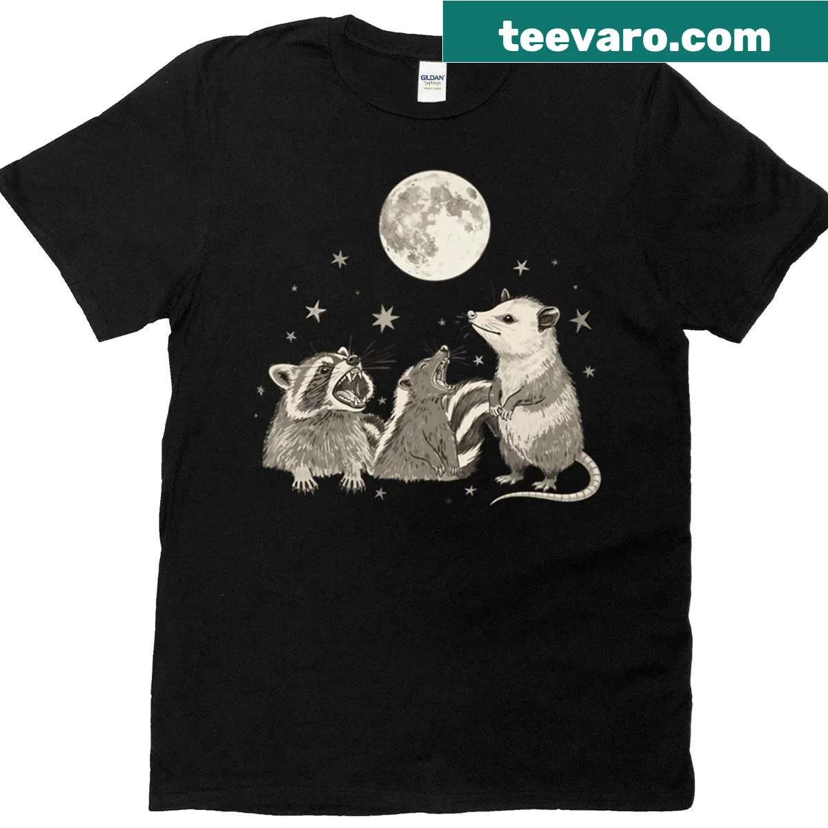 Illustration of raccoons, skunks, and opossums under a full moon on a t-shirt — on a men's t-shirt