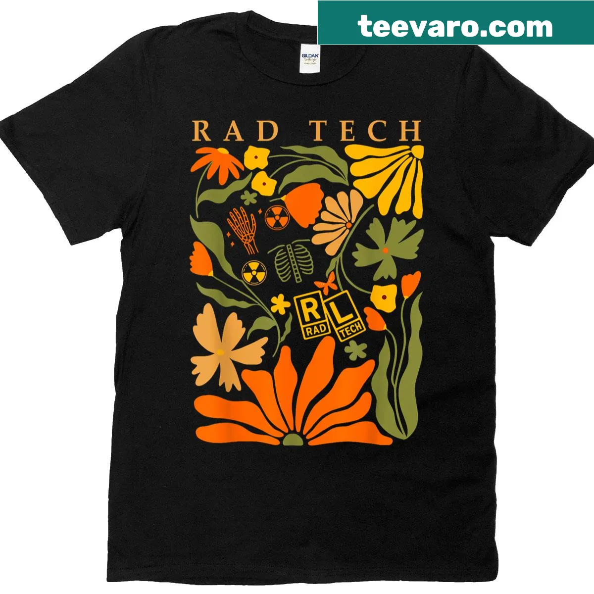 Boho floral T-shirt celebrating radiologic technologists — on a men's t-shirt