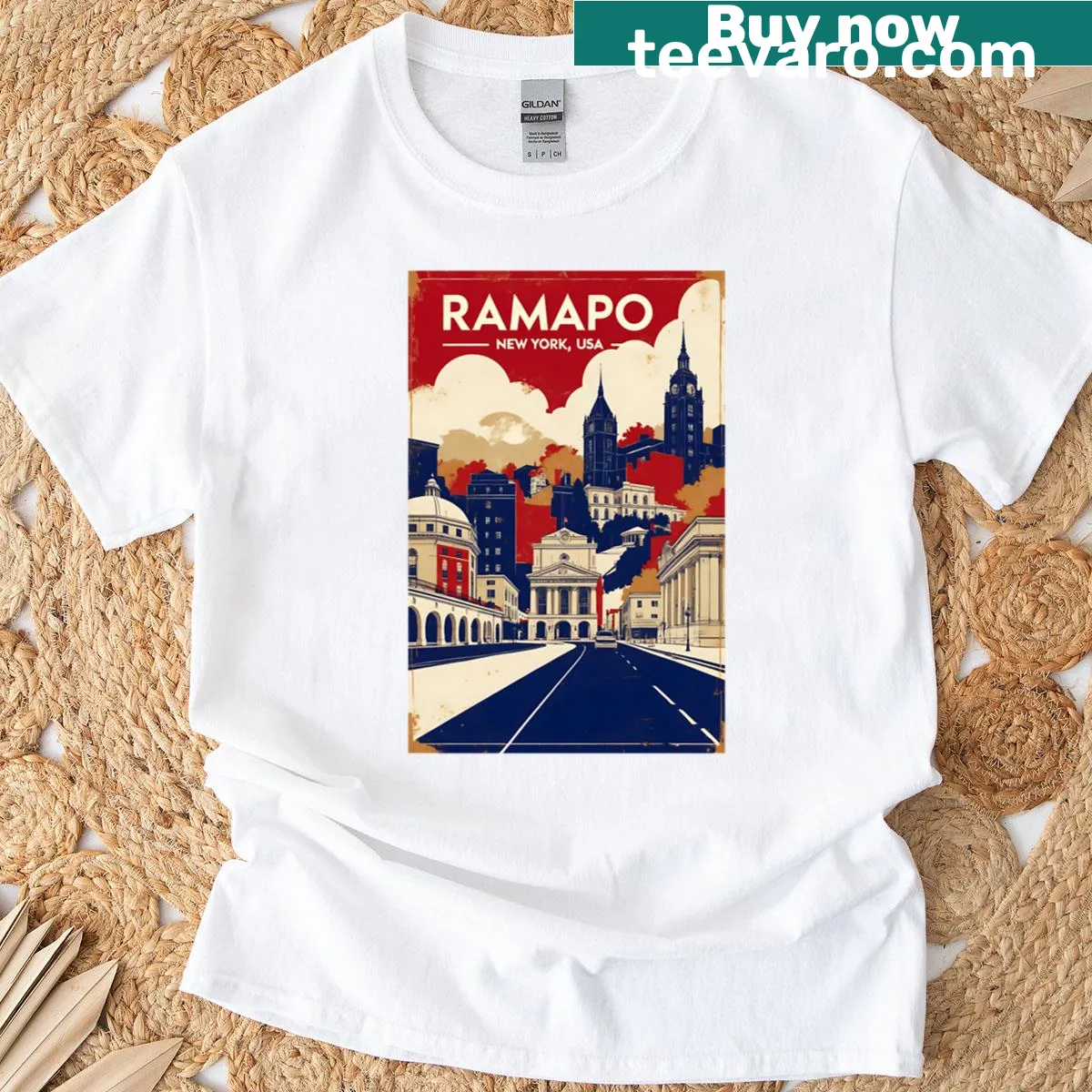 Vintage travel graphic of Ramapo, New York on a t-shirt — on a men's t-shirt