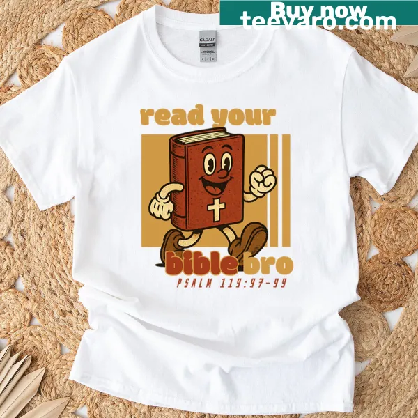 Cartoon graphic promoting Bible reading on a vintage-style T-shirt.