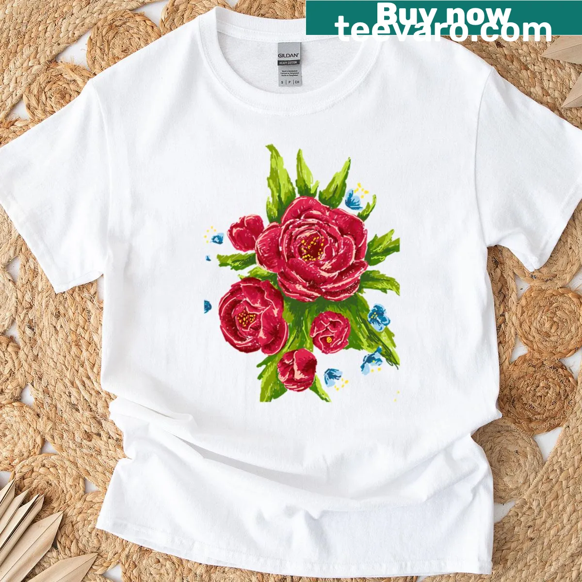 Elegant floral design T-shirt featuring a pattern of red roses — on a men's t-shirt