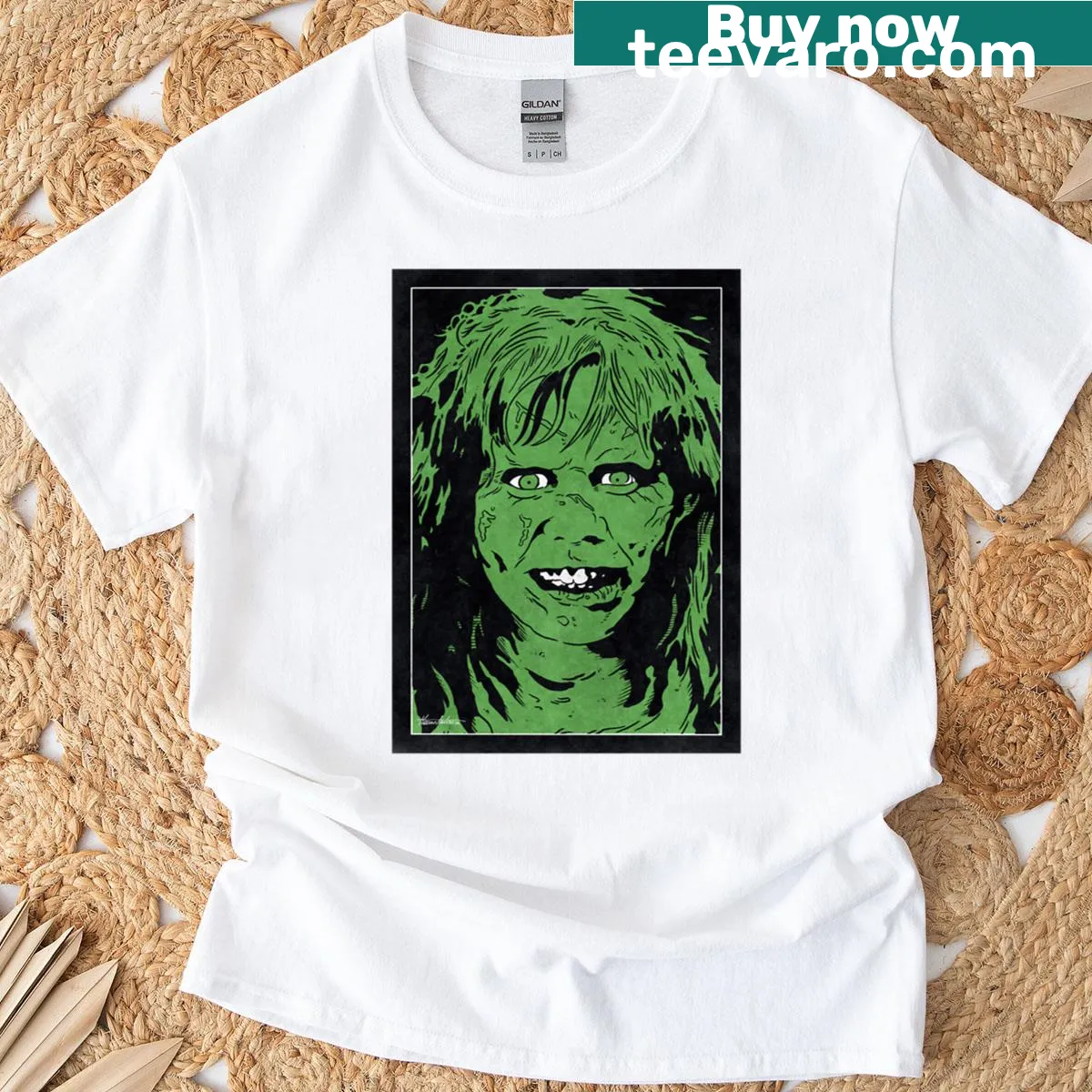 Monochrome illustration of Regan Macneil from The Exorcist — on a men's t-shirt