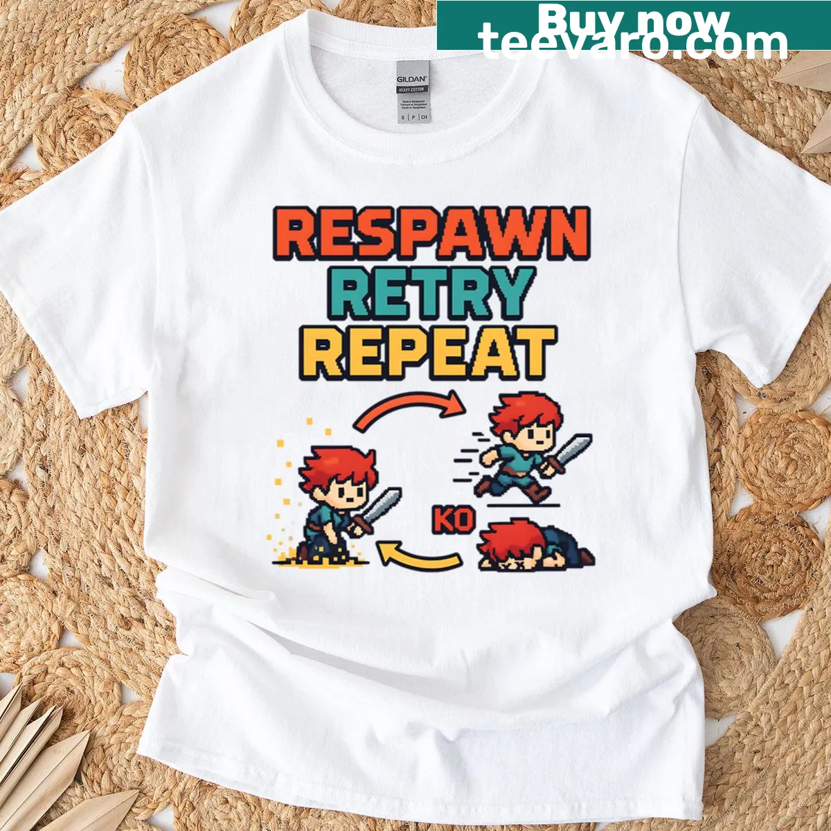 Pixel art gamer motivation shirt with 'Respawn Retry Repeat' text — on a men's t-shirt