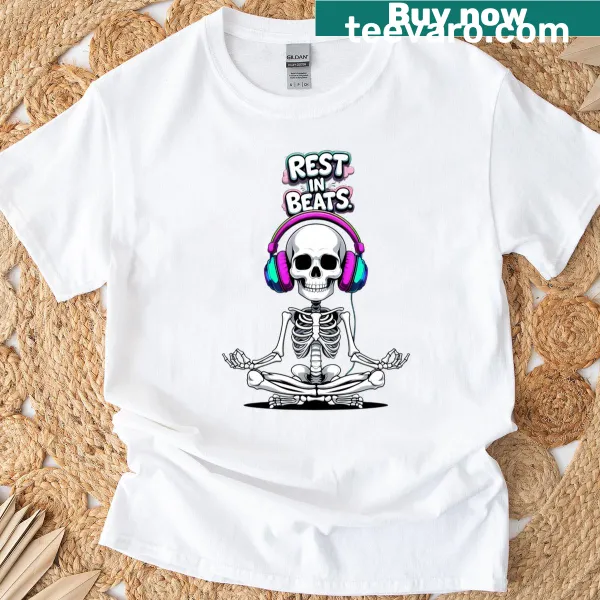 T-shirt with the phrase 'Rest In Beats' in a stylish typography