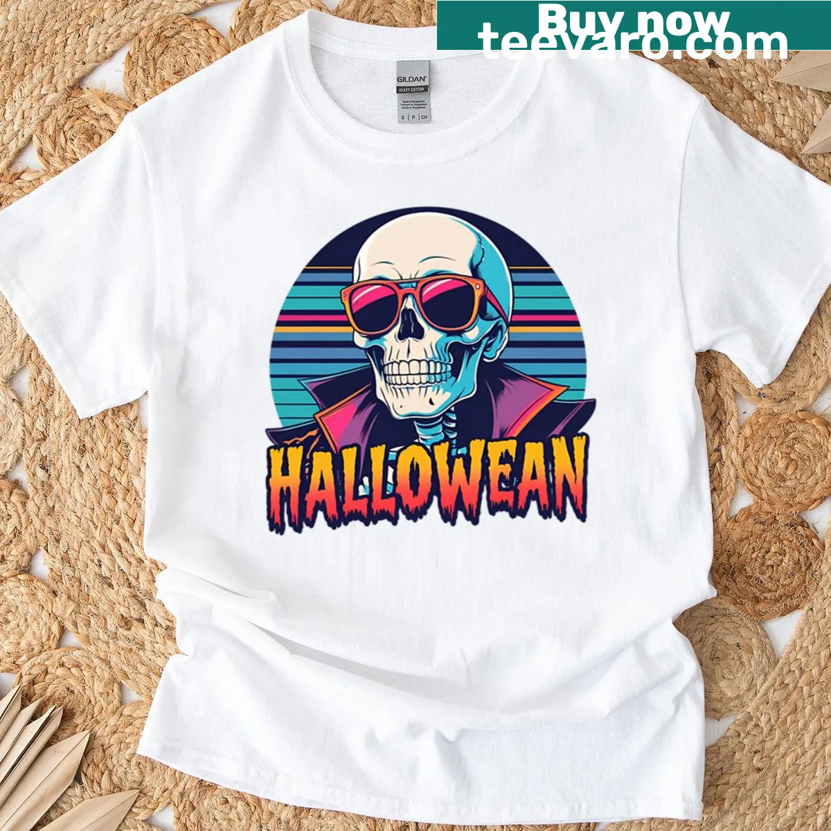 Oversized T-shirt featuring retro 80s Halloween skeleton design — on a men's t-shirt