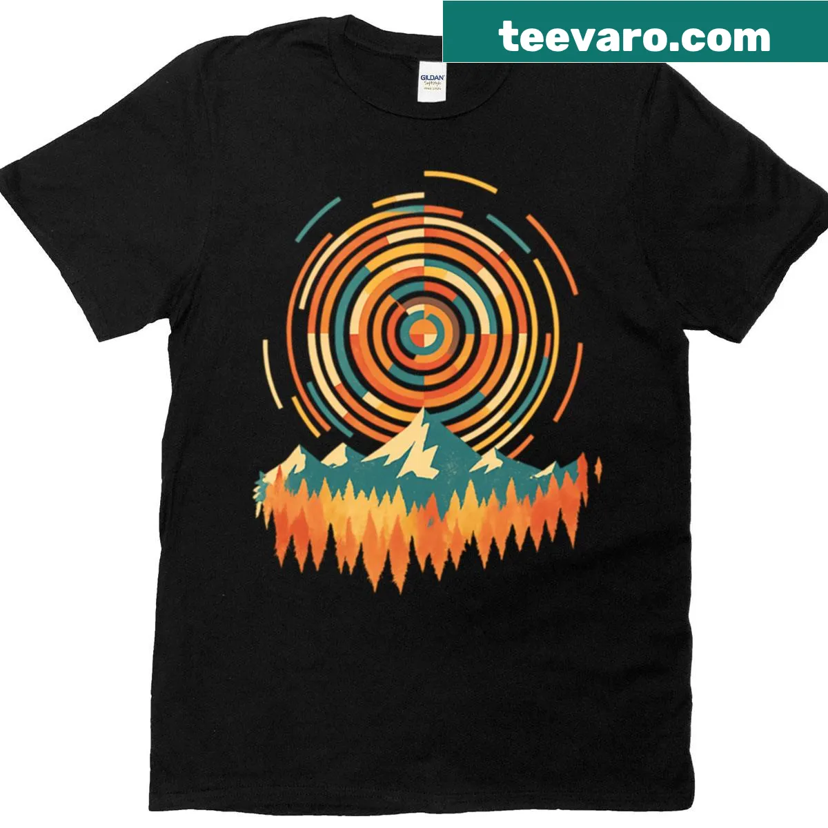 Abstract mountain and sunset graphic T-shirt combining nature with geometric design — on a men's t-shirt