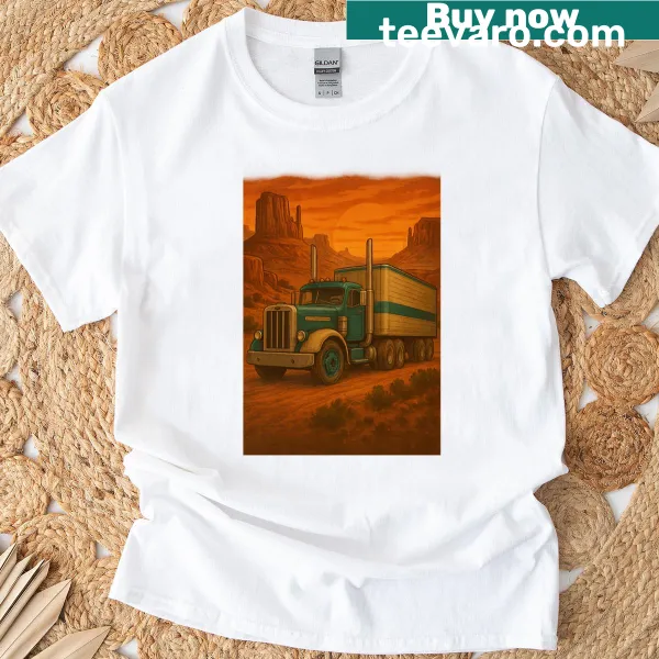 Oversized t-shirt with retro graphic of a semi-truck at sunset in a canyon.