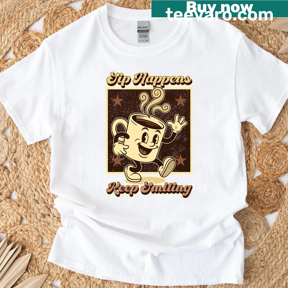 Cartoon coffee mug design with humorous text on a tee — on a men's t-shirt
