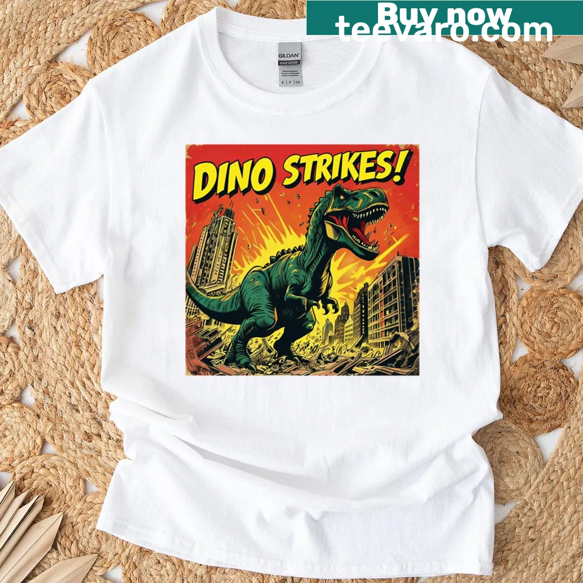 Retro comic cover with dinosaurs rampaging on an oversized T-shirt — on a men's t-shirt