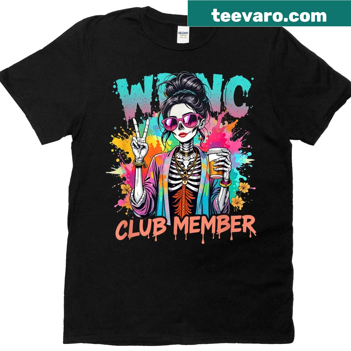 Cartoon skeleton girl graphic on T-shirt with floral design and humorous text — on a men's t-shirt