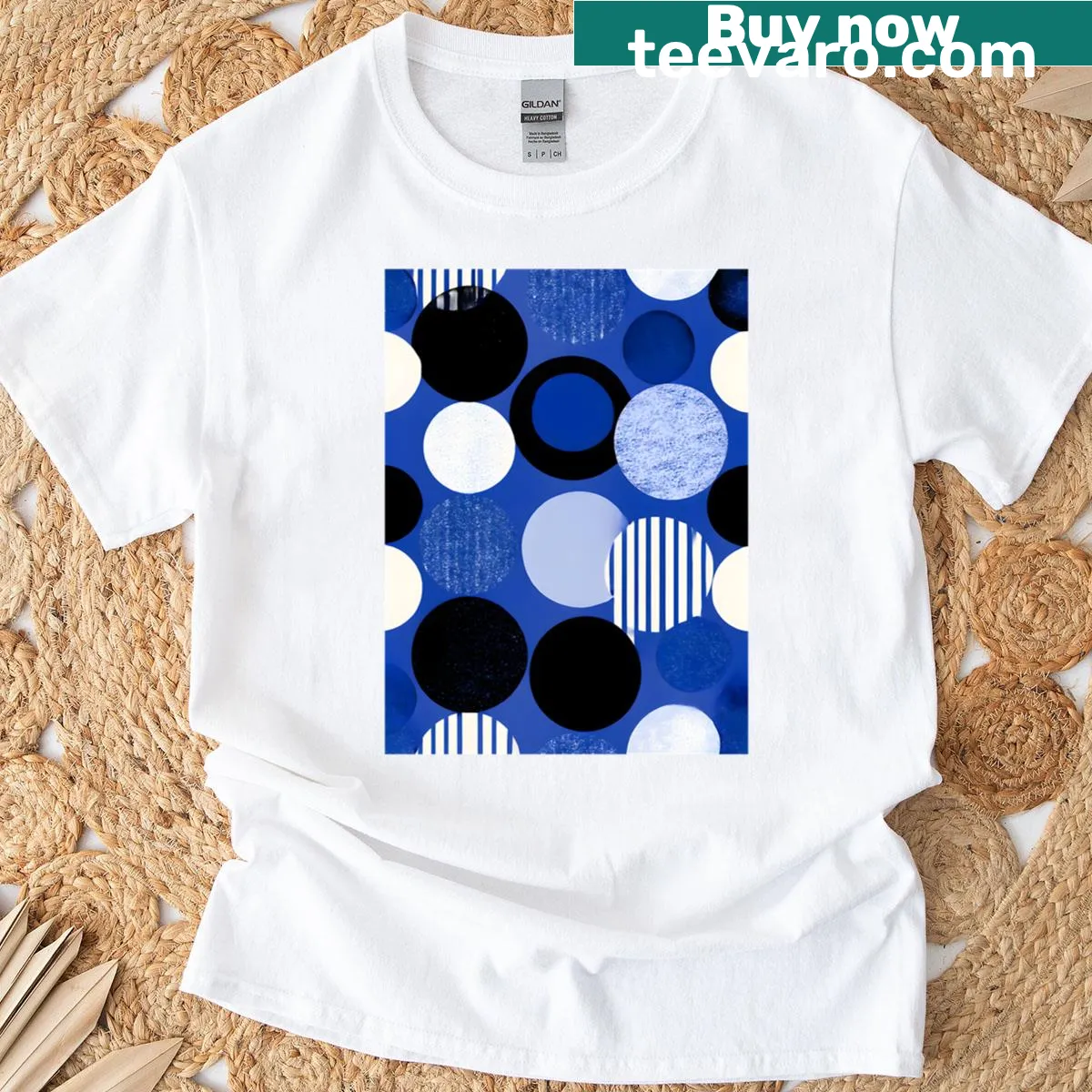 Minimalist retro-futuristic T-shirt with blue, black, and white circle pattern — on a men's t-shirt